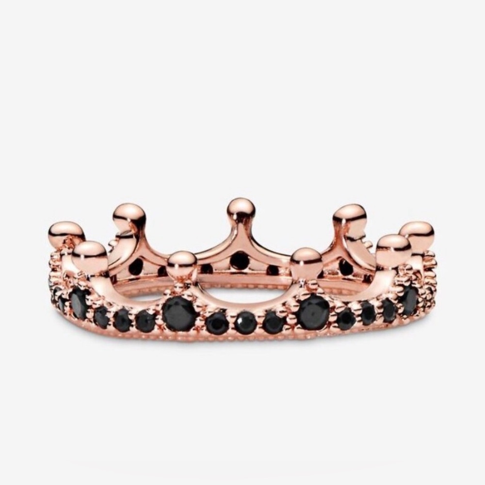 New Pandora Rose Enchanted Crown Ring with Black Crystal